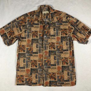 Tori Richard Mens Large Hawaiian Print Button Down Shirt Geometric Tan Resort